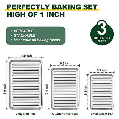 Baking Sheet Set of 3, CEKEE Stainless Steel Cookie Sheet for Baking Baking Pans Set, Jelly Roll Pan/Quarter Sheet Pan/Small Baking Sheet, 9/12/16 Inch, Warp Resistant & Heavy Duty & Easy Clean - CookCave