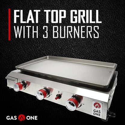 Gas One Flat Top Grill with 3 Burners – Auto Ignition Propane Portable Gas Grill – Premium Stainless Steel Body Tabletop Grill with Pre Season Griddle – Convenient Drip Tray – Ideal for RV, Camping - CookCave