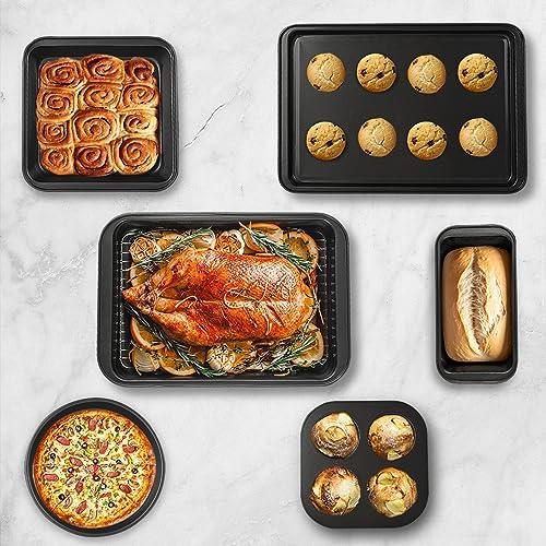 LINKLIFE Baking Pans Set 7-Piece Nonstick Steel, Baking Sheet Set with Rack, Square Cake Pan, Quarter Cookie Sheet, Bread Loaf, Deep Rosating Pan, Pizza Muffin Pans for Air Bake Oven Kitchen - CookCave