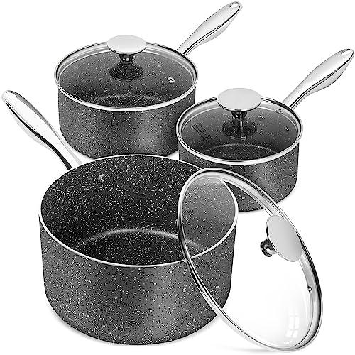 MICHELANGELO Sauce Pan with Lid, Granite Saucepans with Lids, 1Qt & 2Qt & 3Qt Sauce Pan Sets, Nonstick Saucepan Set with Stainless Steel Handle, Oven Safe, Grey - CookCave