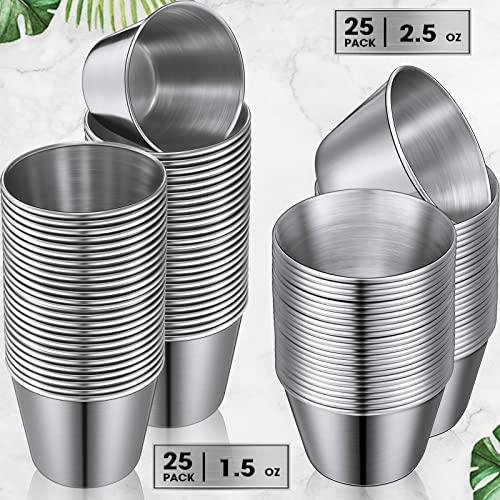 Potchen 50 Pack Stainless Steel Condiment Sauce Cups 1.5 Oz, 2 Individual Round Condiments Ramekins Small Metal Reusable Mini Dipping Kitchen Vinegar Butter Ketchup - CookCave