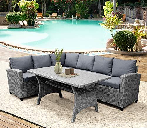 Goohome 6-Piece Patio Furniture, L-Shaped Outdoor Sectional Sofa Group with Table X-Back Sofá Set and Water-Resistant Soft Cushions, Outside Corner Bench Seating for Pool, Backyard, Lawn, D-Brown+Gray - CookCave