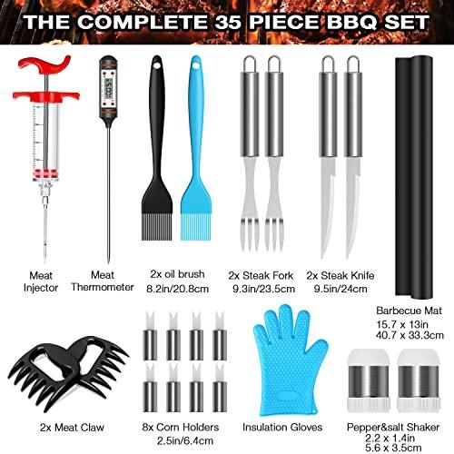 AISITIN 35PCS Grill Accessories BBQ Tools Set, Stainless Steel Grilling Kit with Thermometer, Fork, Tongs and Spatula, Meat Injector, Grill Mat - Gifts for Dad Durable, Stainless Steel Grill Tools - CookCave