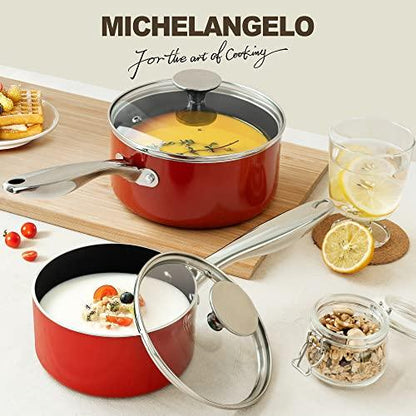 MICHELANGELO Sauce Pan with Lid, 1 Qt & 2 Qt Saucepans with Lids, Ceramic Sauce Pans Nonstick with Stainless Steel Handle, Oven Safe, Red - CookCave