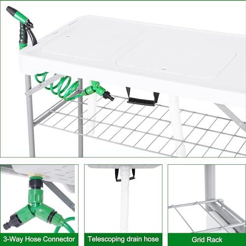 Allpop Folding Fish Cleaning Table with 2 Sinks & Grid Rack, 42.5'' Portable Camping Fish Fillet Station with Foldable Faucet, Drainage Hose, Sprayer, Storage Box, Drawer & Grooves for Picnic, White… - CookCave