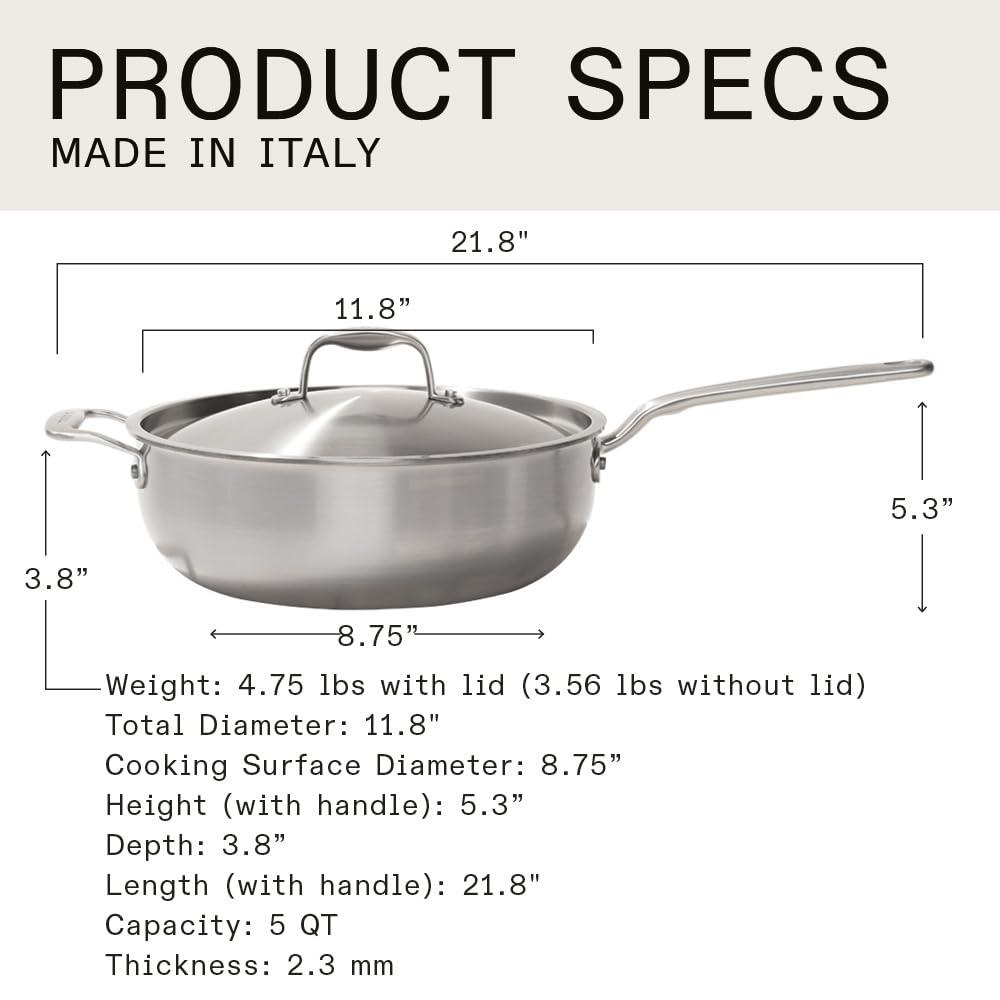 Made In Cookware - 5 Quart Stainless Steel Saucier Pan - 5 Ply Stainless Clad - Professional Cookware - Made in Italy - Induction Compatible - CookCave