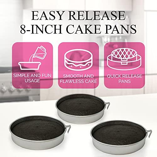 Aunt Shannon's Kitchen 8 Inch Round Cake Pans, 3 Pack, Silver Cake Pan with a Built-in Swivel Blade, Easy Release Cake Pans Set for Baking, Baking Pans Set for 3-Layer Cake, Dishwasher Safe - CookCave