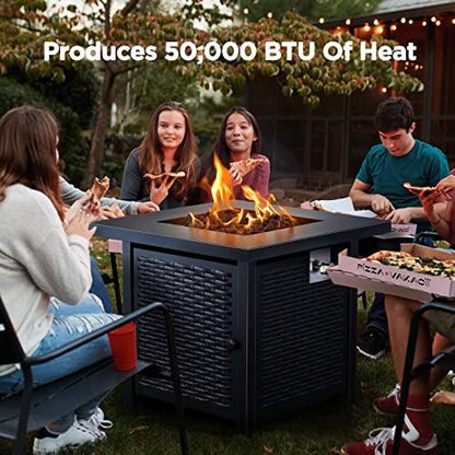 Ciays Propane Fire Pits 28 Inch Outdoor Gas Fire Pit, 50,000 BTU Steel Fire Table with Lid and Lava Rock, Add Warmth and Ambience to Gatherings and Parties On Patio Deck Garden Backyard, Black - CookCave