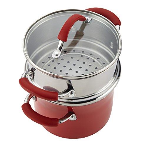 Rachael Ray Cucina Nonstick Sauce Pot/Saucepot with Steamer Insert and Lid, 3 Quart, Cranberry Red - CookCave