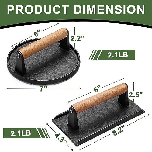 EWFEN Burger Press, 7" Round & 8.2"X4.3" Rectangle Heavy-Duty Cast Iron Smash Bacon Press Meat Steak with Wood Handle for Griddle, Sandwich, Nonstick Pan - CookCave