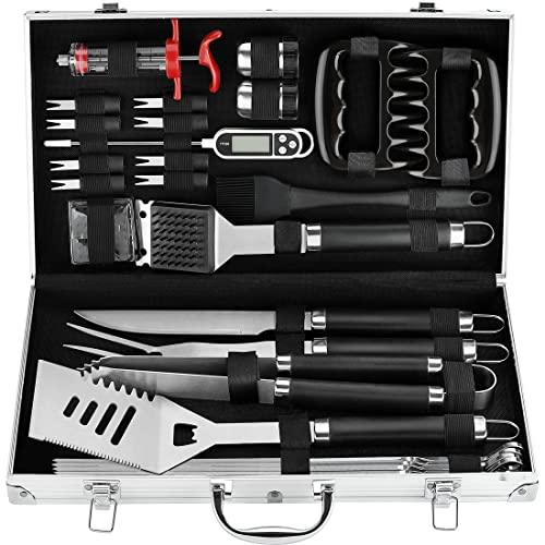 POLIGO 26PC Exclusive BBQ Grill Accessories in Aluminum Case for Birthday Christmas Grilling Gifts - Premium Grill Utensils Set with Barbecue Claws, Meat Injector, Thermometer for Smoker, Camping - CookCave
