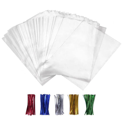 XLSFPY 100PCS Cellophane Bags Clear Plastic Cello Bags 4x6 with 4" Twist Ties 5 Mix Colors - 1.4 mils Thick OPP Treat Bags for Gift Wrapping Packaging Decorations Storage (4'' x 6'') - CookCave
