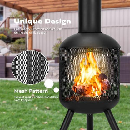 VIVOHOME 46 Inch Chiminea Outdoor Fireplace, Cold-Rolled Steel Wood Burning Fire Pit with Mesh Design, Top Chimney Cover, and Fire Poker Ideal for The Patio, Garden, and Backyard Black - CookCave