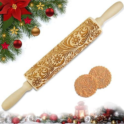 Wooden Engraved Rolling Pin with Christmas Snowflake Designs - For Baking Cookies and Decor - CookCave