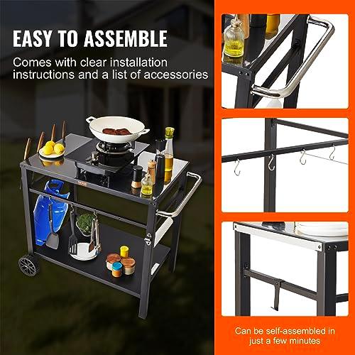 VEVOR Outdoor Grill Dining Cart with Double-Shelf, BBQ Movable Food Prep Table, Multifunctional Iron Table Top, Portable Modular Carts for Pizza Oven, Worktable with 2 Wheels, Carry Handle, Black - CookCave