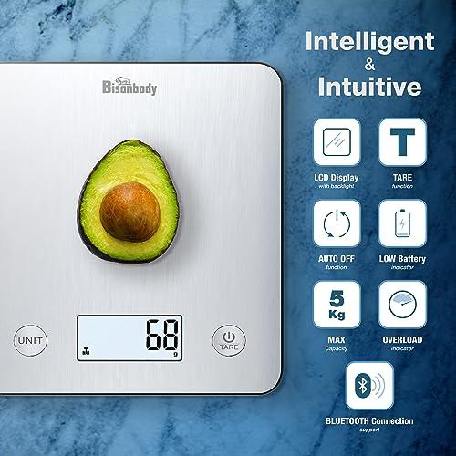 Bisonbody Digital Food Kitchen Scale with Smart App – Large Kitchen Scale with 201 Stainless Steel Surface 5 Unit Conversions Tare Function – Digital Kitchen Scale App to Track Nutritional Information - CookCave