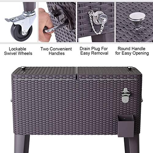 Giantex 80 Quart Rattan Rolling Cooler Cart Outdoor Patio Portable Party Drink Beverage Bar Cold Beach Chest Cart on Wheels, Brown Wicker, 32.7''(L) X18.9''(W) X43.3''(H) - CookCave