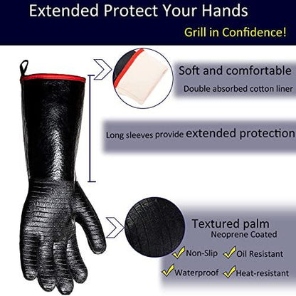 932°F Heat Resistant Gloves Non-Slip BBQ Gloves Waterproof Kitchen Gloves Fireproof Grilling Gloves Oil Resistant Barbecue Gloves Neoprene Coated Black Gloves for Fryer, Baking, Oven, Smoker,17in - CookCave