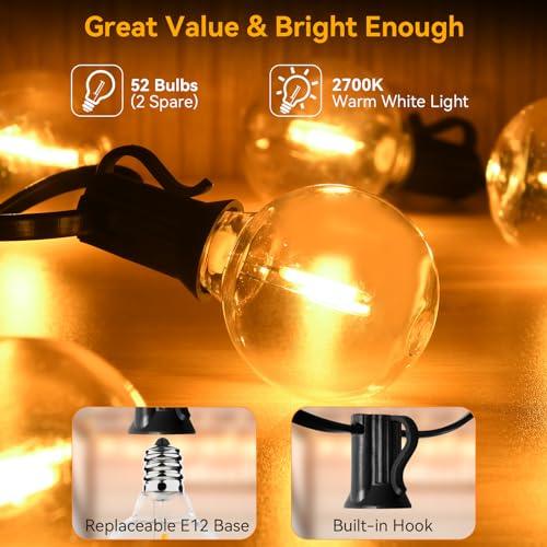 100ft 2-Pack Outdoor String Lights Waterproof/Connectable/Dimmable with 52 LED Shatterproof Bulbs, UL Listed Globe G40 String Lights 2700K Outdoor Lighting for Patio Backyard Cafe Party Wedding Garden - CookCave