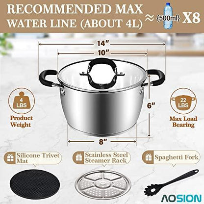 AOSION 6 Quart Stainless Steel Stockpot, All-In-One 6QT Stock Pot, Soup Pasta Pot with Lid, Cooking Pot, Induction Pot, Sauce Pot Compatible with All Stoves, Heat-Proof Double Handles, Dishwasher Safe - CookCave