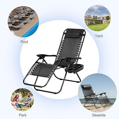 Nazhura Set of 2 Relaxing Recliners Patio Chairs Adjustable Steel Mesh Zero Gravity Lounge Chair Recliners with Pillow and Cup Holder (Black) - CookCave