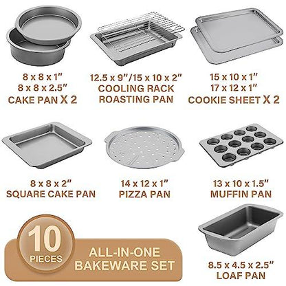 HONGBAKE Bakeware Sets, Baking Pans Set, Nonstick Oven Pan for Kitchen with Wider Grips, 10-Pieces Including Rack, Cookie Sheet, Cake Pans, Loaf Pan, Muffin Pan, Pizza Pan - Sliver - CookCave