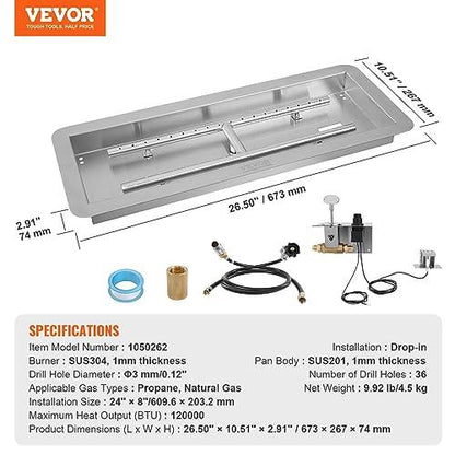 VEVOR 24 x 8 inch Drop-in Fire Pit Pan, Rectangular Stainless Steel Fire Pit Burner Kit, Propane Gas Fire Pan 120,000 BTU with H-Burner for Indoor or Outdoor Use - CookCave