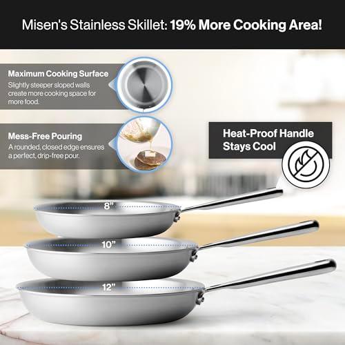 Misen 5-Ply Professional Stainless Steel Pan - Superior Heat Retention & Larger Cooking Surface for Searing & Sautéing - Cool Ergonomic Handle -12 Inch - CookCave