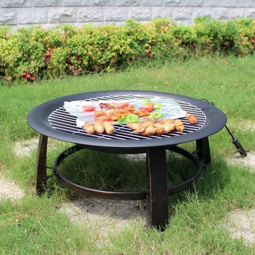 OutVue 30 inch Fire Pits for Outside with Grill, Portable Fire Pit for Camping, Picnic, Wood Burning Fire Pit with Waterproof Cover&Fire Poker & Spark Screen, Firepit for Outdoor, Patio, Garden - CookCave