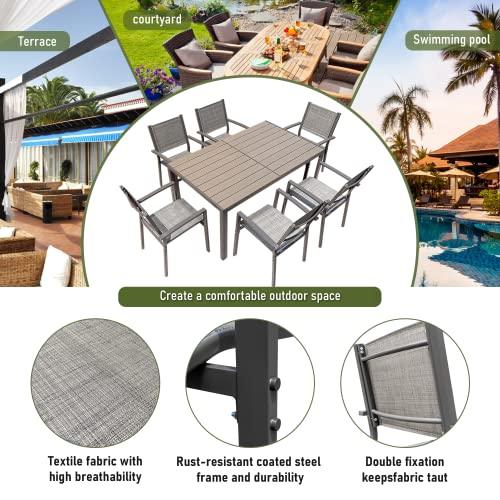 Rankok 7 Piece Patio Dining Set Outdoor Furniture Set with Weather Resistant Table and 6 Stackable Textilene Chairs for Garden, Yard, Garden and Poolside (Gray) - CookCave