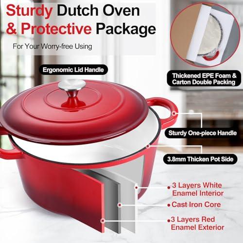 6 Quart Enameled Dutch Oven with Lid, P&P CHEF 6 Qt Cast Iron Dutch Oven Pot, Enamel Round Dutch Oven Cooking Stock Pot for Braising, Stewing, Roasting, Baking, Various Stoves & Oven Safe (Red) - CookCave