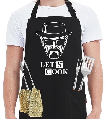 Kaidouma Funny Cooking Aprons for Men - Let’s Cook - Men's Black Funny Kitchen Chef Grilling BBQ Aprons with 2 Pockets - Birthday Father’s Day Christmas Gifts for Dad, Husband, Boyfriend, Movie Fans - CookCave