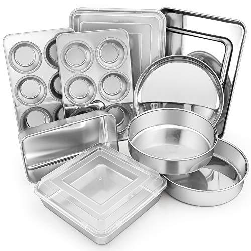 E-far 12-Piece Stainless Steel Bakeware Sets, Metal Baking Pan Set Include Round Cake Pans, Square/Rectangle Baking Pans with Lids, Cookie Sheet, Loaf/Muffin/Pizza Pan, Non-toxic & Dishwasher Safe - CookCave