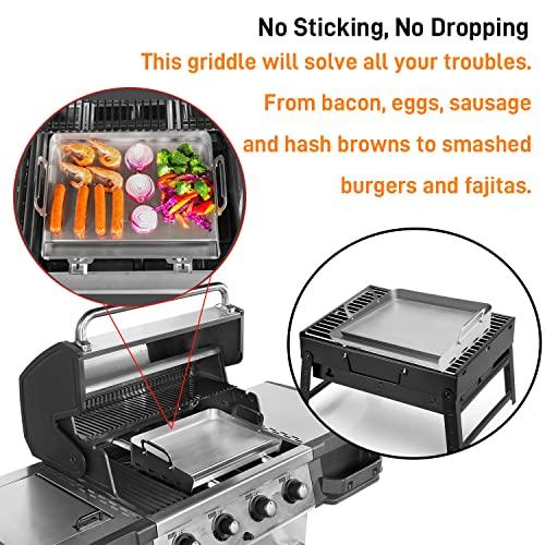 Flat Top Grill, Griddle for Gas Grill 24"x16" with Removable Grease Tray, Stove Top Griddle Even Heat Distribution, Stainless Steel Griddle Grill with Retractable Stand Accommodates Different Grill - CookCave