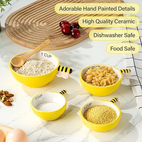 Cute Measuring Cups - Ceramic Measuring Cups for Liquid/Dry Ingredients | Bee Kitchen Décor for Home | Cooking + Baking Gadgets, Perfect First Home Essentials | Beehive Measuring Cup Set, 4 Piece - CookCave