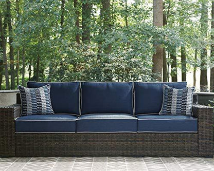 Signature Design by Ashley Grasson Lane Outdoor Patio Wicker Sofa with Cushion and 2 Pillows, Brown & Blue - CookCave