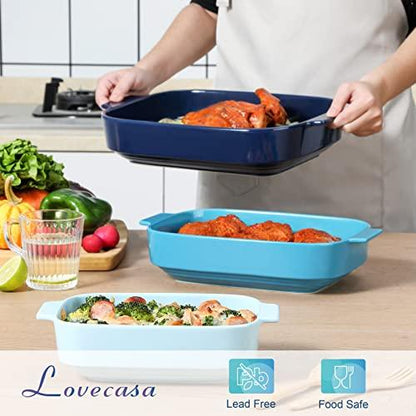 LOVECASA Casserole Dishes for Oven, Ceramic Baking Dishes Set of 3, Rectangular Lasagna Pans Deep with Handles, Oven to Table Baking Pans for Cake, Dessert, Party and Daily Use, Blue Series(9.7"/12.1"/14.4") - CookCave