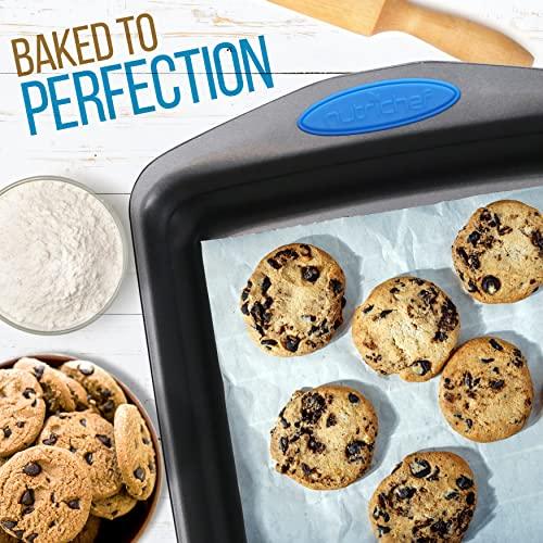 NutriChef 6-Piece Baking Pan Set - PFOA, PFOS, PTFE Free Flexible Nonstick Gray Coating Carbon Steel Bakeware - Professional Home Kitchen Bake Cookie Sheet Stackable Tray w/Blue Silicone Handles - CookCave