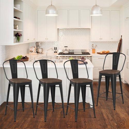 HAOBO Home 30" High Back Barstools Metal Stool with Wooden Seat [Set of 4] Counter Height Bar Stools, Matte Black - CookCave