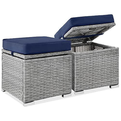 Best Choice Products Set of 2 Wicker Ottomans, Multipurpose Outdoor Furniture for Patio, Backyard, Additional Seating, Footrest, Side Table w/Storage, Removable Cushions - Gray/Navy - CookCave