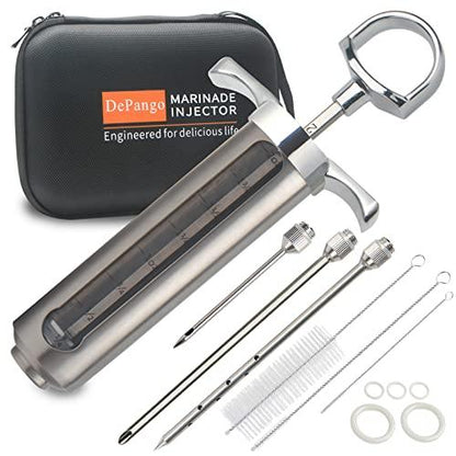 DePango Meat Injector, Stainless Steel Marinade Injector Flavor Syringe Kit with 2-oz Measurement Window for Smoker Food BBQ Grill, Cooking Turkey Chicken Steak Beef Brisket Pork-Chops, 3 Meat Needles - CookCave