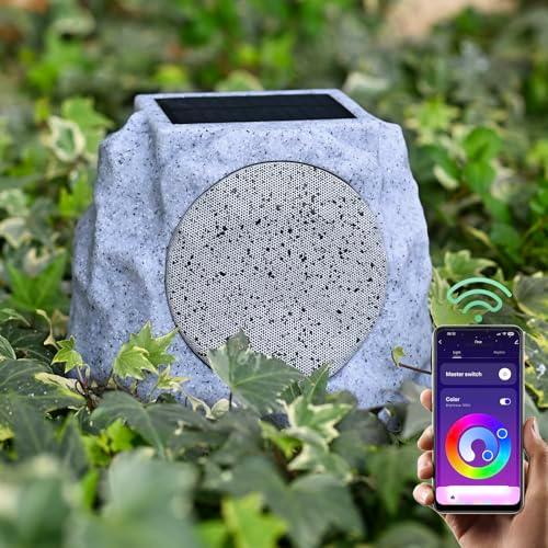 Outdoor Rock Speakers Waterproof IP65 Solar Powered Rechargeable Battery Powered Rock Speaker, Wireless Bluetooth Speaker with 7 LED Colors for Patio, Party, Pool, Deck, Yard, Garden and Home - CookCave