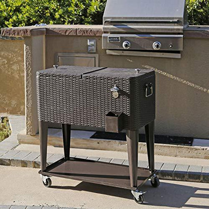 80 Quart Qt Rolling Cooler Ice Chest Beverage Cart, Dark Brown Wicker Faux Rattan Ice Tub Trolley, Portable Outdoor Backyard Patio Deck Party Drink Beverage Bar, Wheels with Shelf & Bottle Opener - CookCave