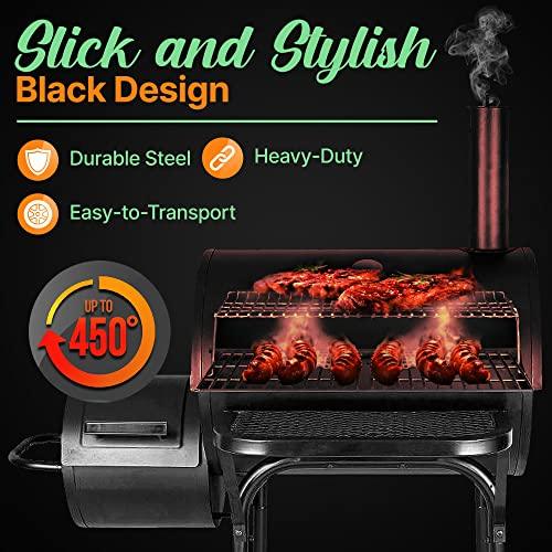 NutriChefKitchen Charcoal Grill Offset Smoker, Portable Stainless Steel Grill, Outdoor Camping BBQ and Barrel Smoker (Black) - CookCave