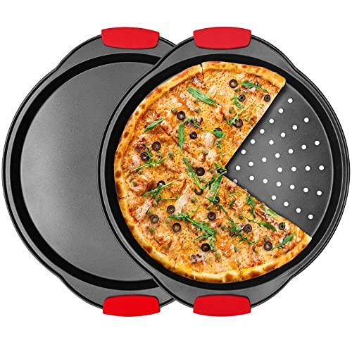 NBFTLTOP Pizza Pan 12 Inch for Oven, Pizza Steel Pan with Heat-insulating Silicone Handle, Nonstick Pizza Tray with Holes and No Holes Set ,Round Pizza Baking Pan 2pcs,Gray - CookCave