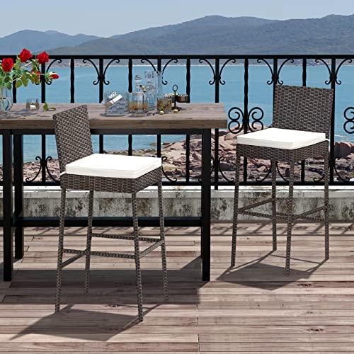 Tangkula Set of 2 Patio Wicker Barstools, Outdoor Bar Height Chair w/Soft Seat Cushion & Cozy Footrest, Heavy-Duty Metal Frame, 400 lbs Max Load, Mix Brown Rattan Bar Chair for Backyard, Balcony - CookCave