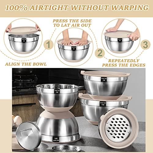 Mixing Bowls with Airtight Lids Set, 26PCS Stainless Steel Khaki Bowls with Grater Attachments, Non-Slip Bottoms & Kitchen Gadgets Set, Size 7, 4, 2.5, 2.0,1.5, 1QT, Great for Mixing & Serving - CookCave