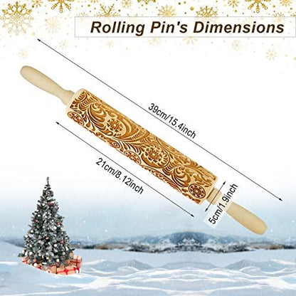 Wooden Engraved Rolling Pin with Christmas Snowflake Designs - For Baking Cookies and Decor - CookCave
