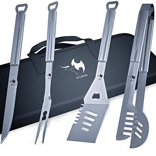 KONA BBQ Grill Tools Set with Case - 18 inches Long to Keep Hands Away from Heat, Premium Stainless Steel Grilling Utensils with Bottle Opener Handles - Makes A Great Gift - CookCave