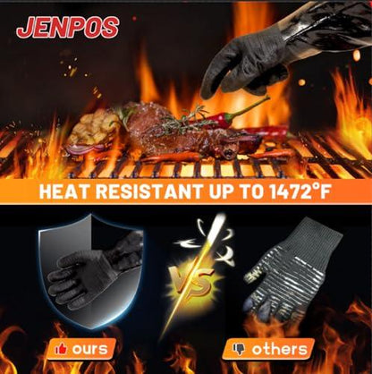 JENPOS BBQ Gloves - 1472°F Thicken Heat Resistant Gloves w/S-Hook 14 in Kitchen Oven Mitts Waterproof Grill Gloves Oil Resistant Grilling Gloves Cooking Gloves for Turkey Fryer/Baking/Oven/Smoker - CookCave